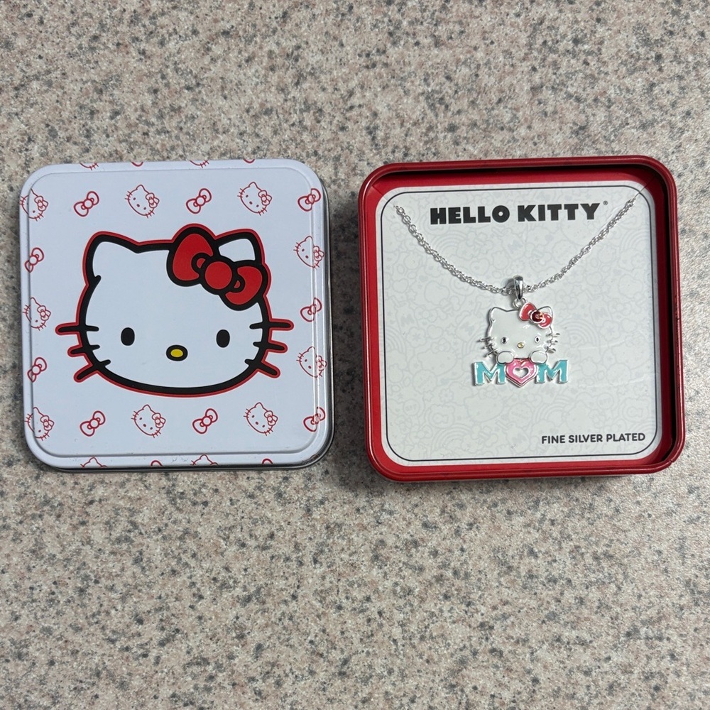 Hello Kitty Silver Necklace with Pink Bow and Blue MOM Pendant